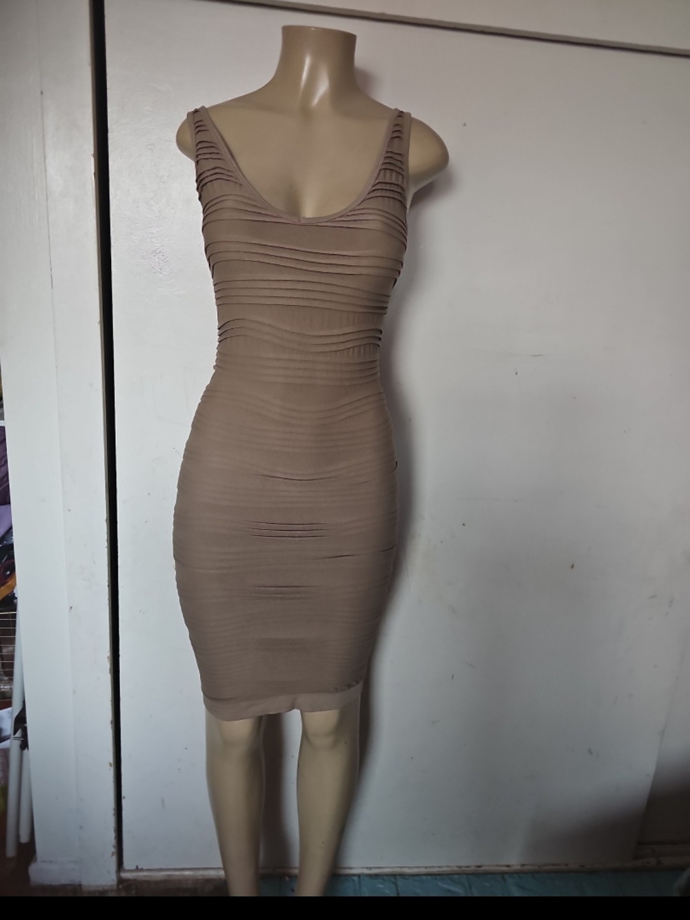 Aura Taupe Ruched Sleeveless Bodycon Dress
